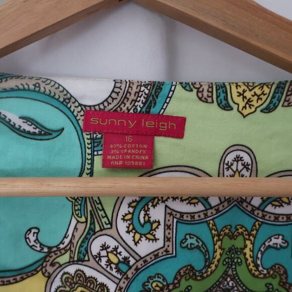 Sunny Leigh Linen Sheath Women Sz 16 Floral GreenYellowBlue Midi Sleeveless - Picture 13 of 16